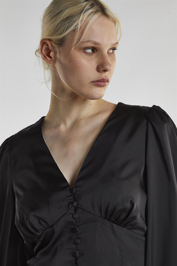 Glamorous Black-Satin Button-Front Top