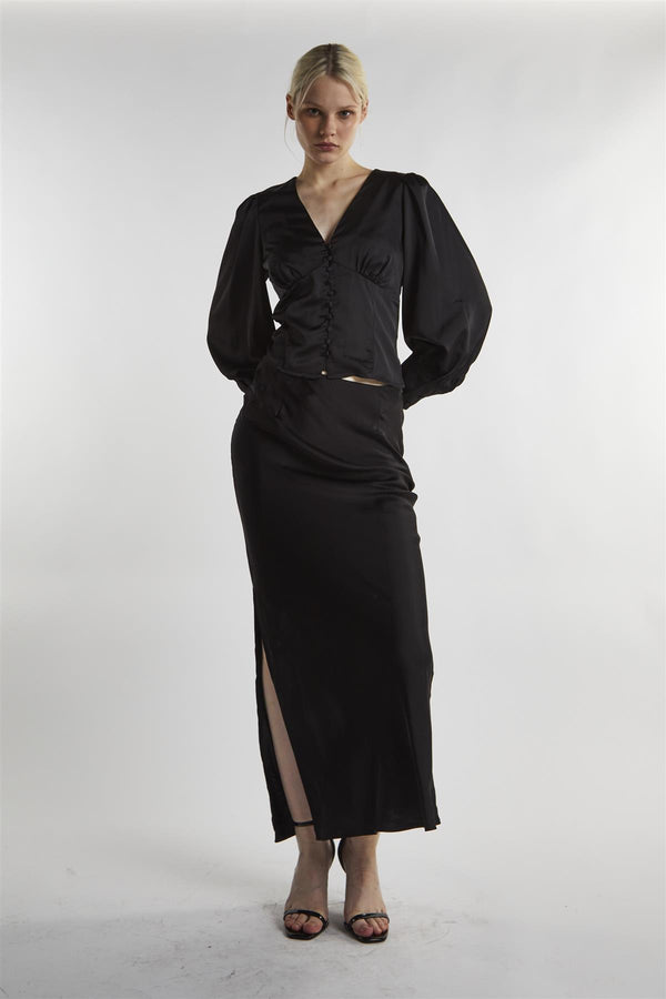 glamorous Black-Satin Button-Front Top
