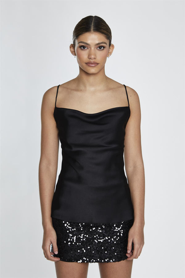 Glamorous Black-Satin Cowl-Neck Cami-Top
