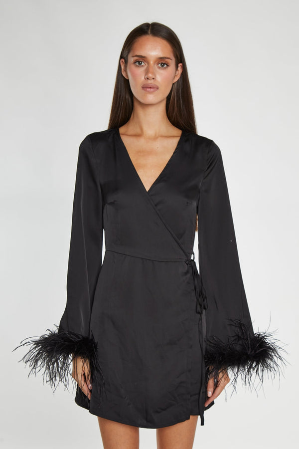 Glamorous Black-Satin Feather Trim Wrap Mini-Dress