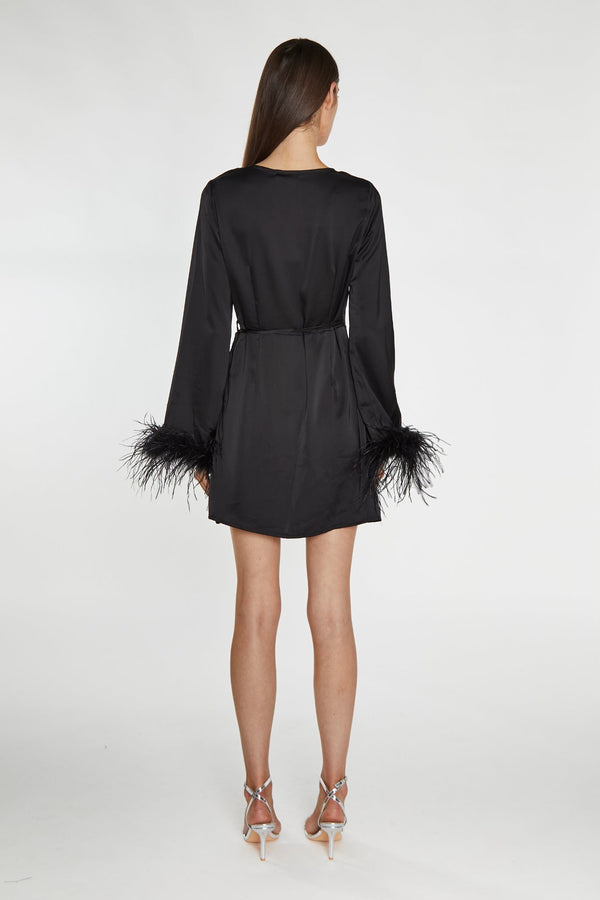 Glamorous Black-Satin Feather Trim Wrap Mini-Dress