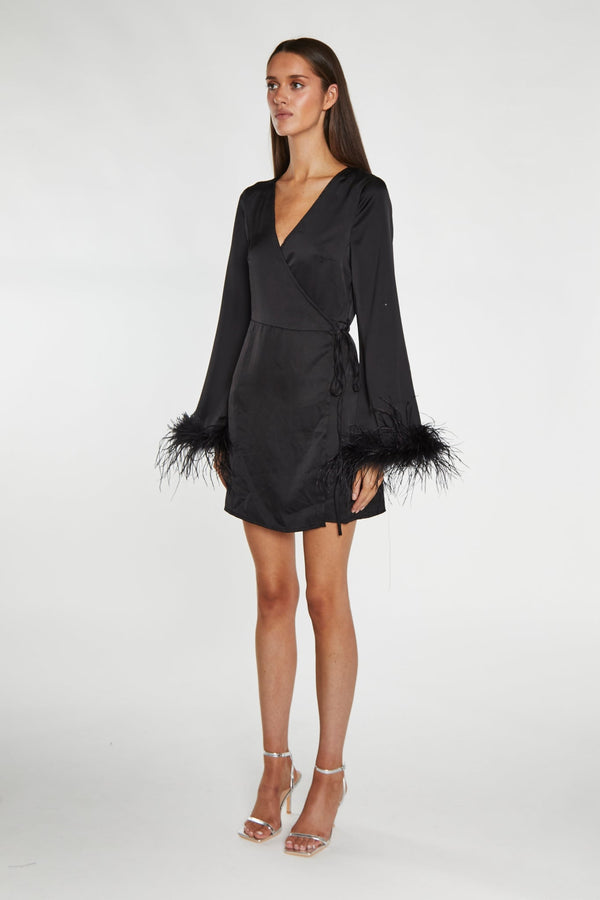 Glamorous Black-Satin Feather Trim Wrap Mini-Dress