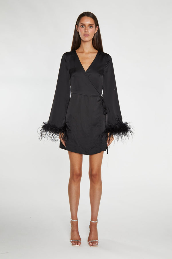 glamorous Black-Satin Feather Trim Wrap Mini-Dress