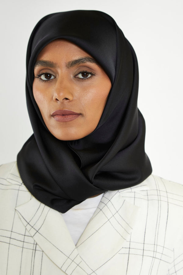 glamorous Black Satin Headscarf