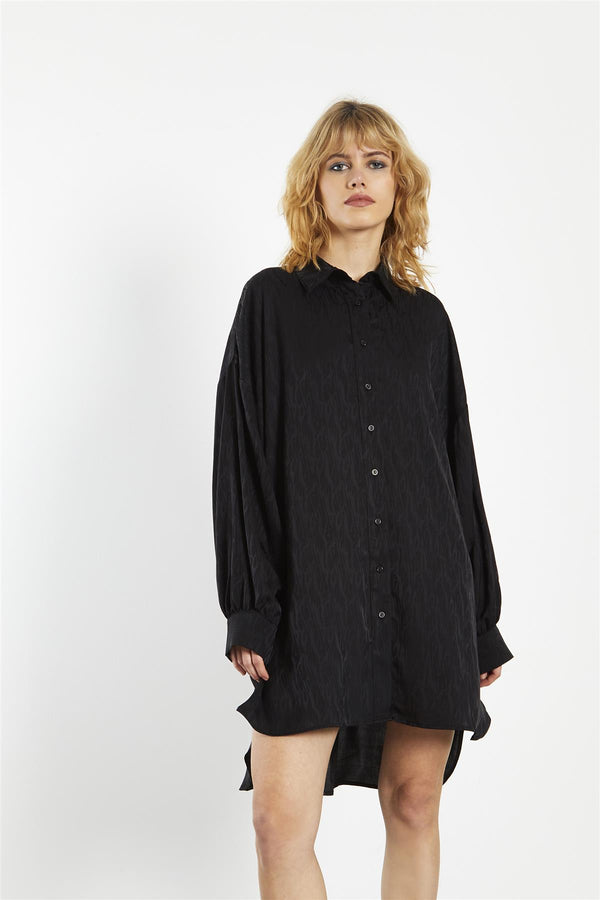 Glamorous Black Satin-Jacquard Shirt-Dress