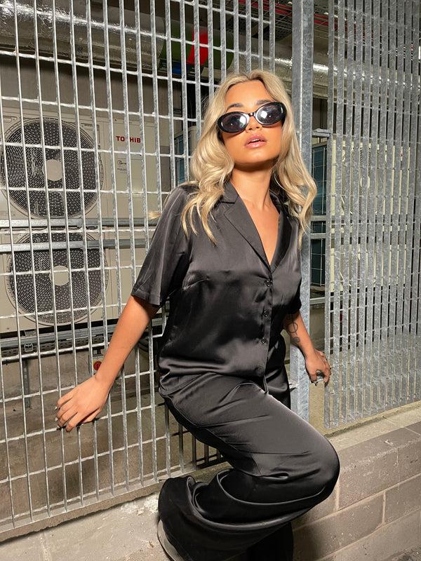 Glamorous Black-Satin Resort Long-Shirt