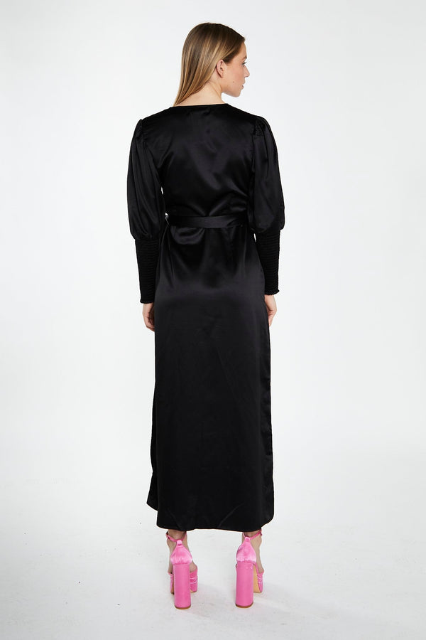 Glamorous Black-Satin Shirred Cuff Wrap Maxi-Dress