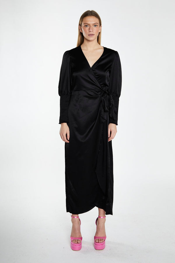 glamorous Black-Satin Shirred Cuff Wrap Maxi-Dress