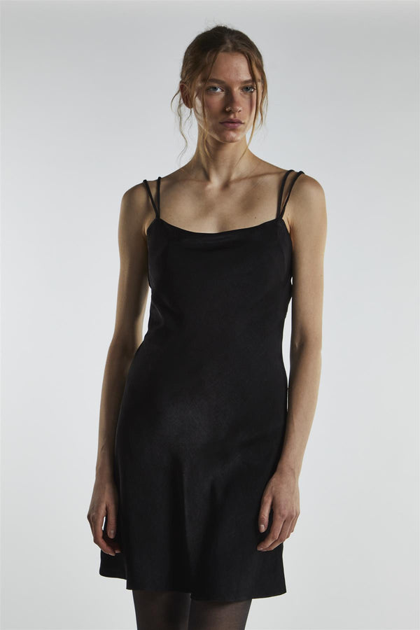 Glamorous Black Satin Strappy Mini-Dress