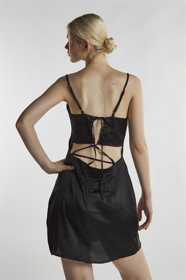 Glamorous Black-Satin Tie-Back Mini-Dress