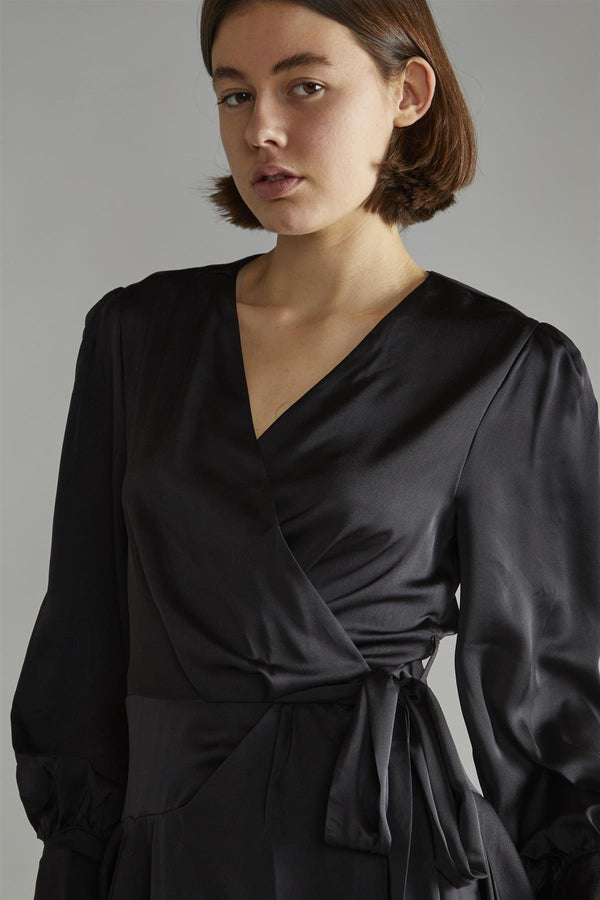 Glamorous Black-Satin Wrap Mini-Dress