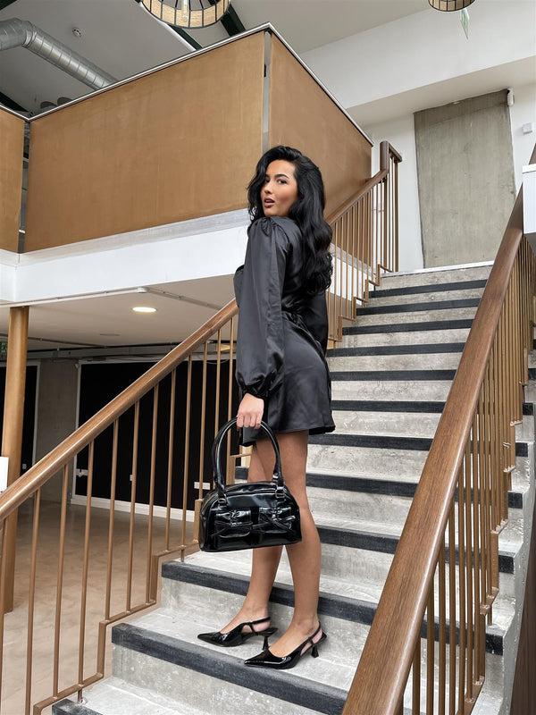 Glamorous Black Satin Wrap Mini-Dress