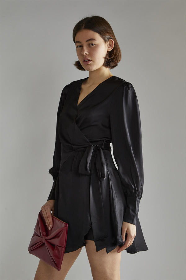 glamorous Black-Satin Wrap Mini-Dress