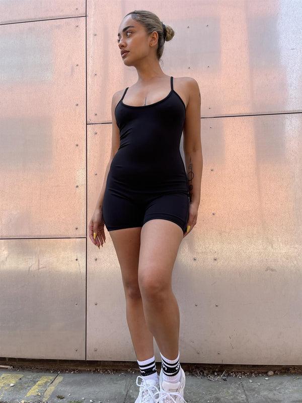 Glamorous Black Scoop-Neck Short-Unitard