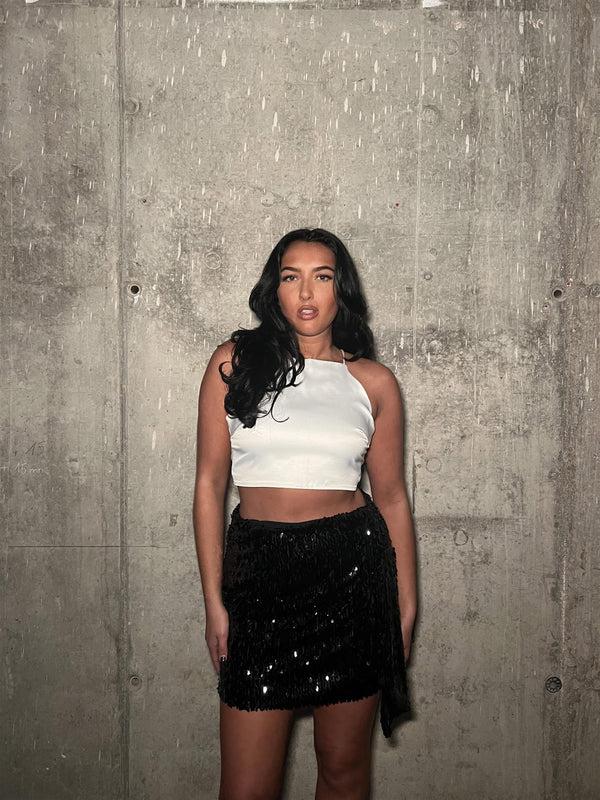 glamorous Black-Sequin Asymmetric-Drape Mini-Skirt