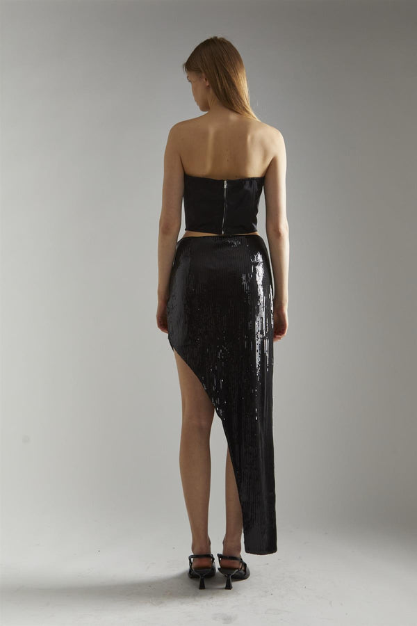 Glamorous Black-Sequin Asymmetric Midaxi-Skirt