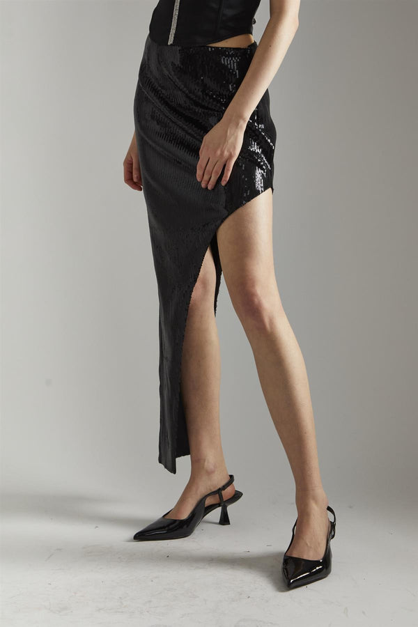 Glamorous Black-Sequin Asymmetric Midaxi-Skirt