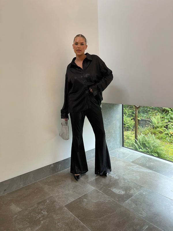 glamorous Black Sequin Wide Leg Trousers