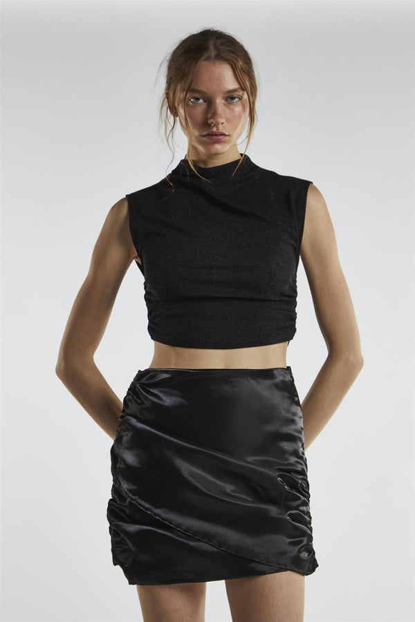 Glamorous Black-Shimmer Ruched Mini-Skirt