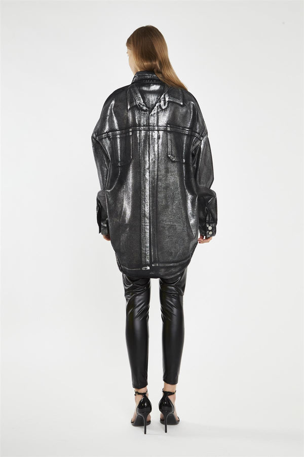 Glamorous Black-Silver Foil Denim Oversized-Shirt
