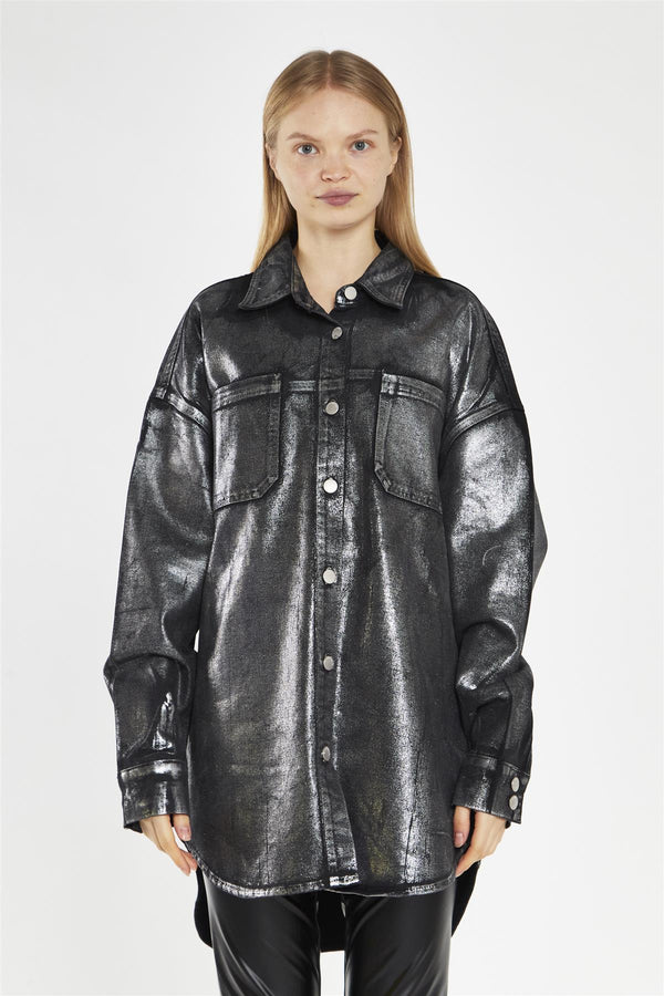 Glamorous Black-Silver Foil Denim Oversized-Shirt
