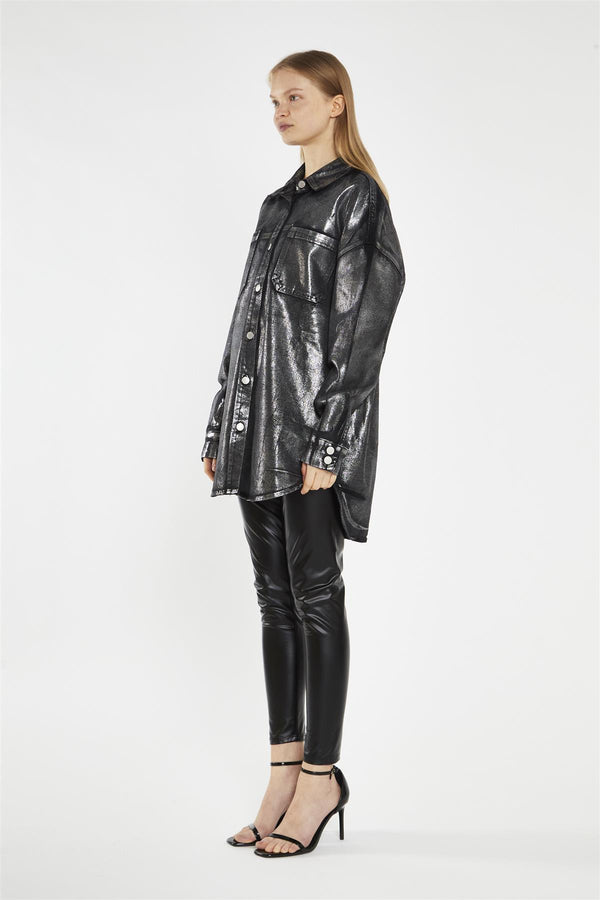 Glamorous Black-Silver Foil Denim Oversized-Shirt