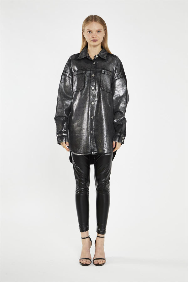 glamorous Black-Silver Foil Denim Oversized-Shirt