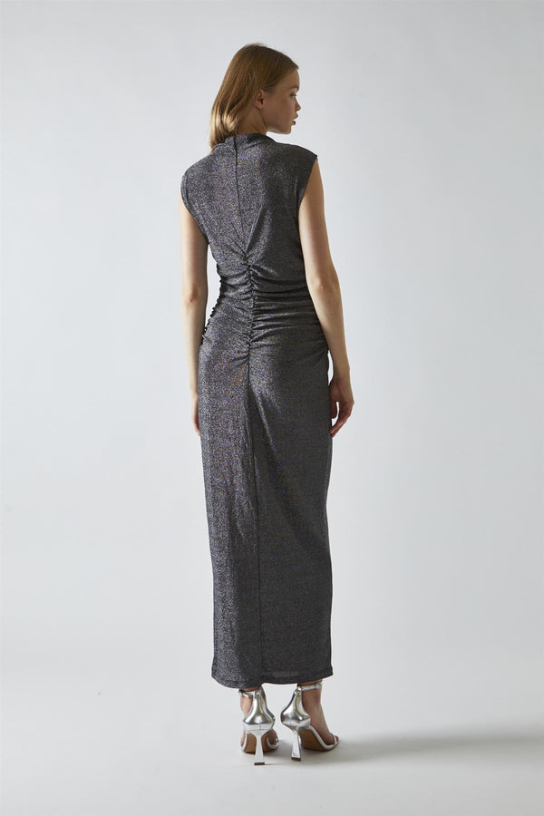 Glamorous Black-Silver Glitter Ruched Midaxi-Dress