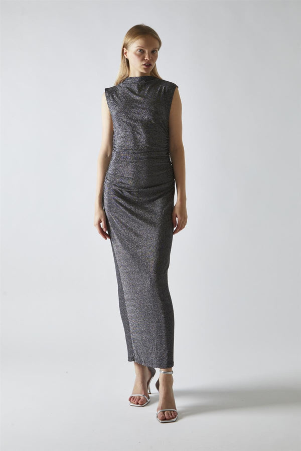 Glamorous Black-Silver Glitter Ruched Midaxi-Dress