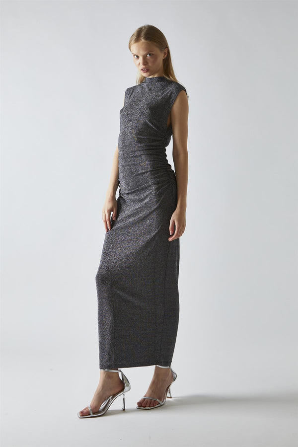 glamorous Black-Silver Glitter Ruched Midaxi-Dress