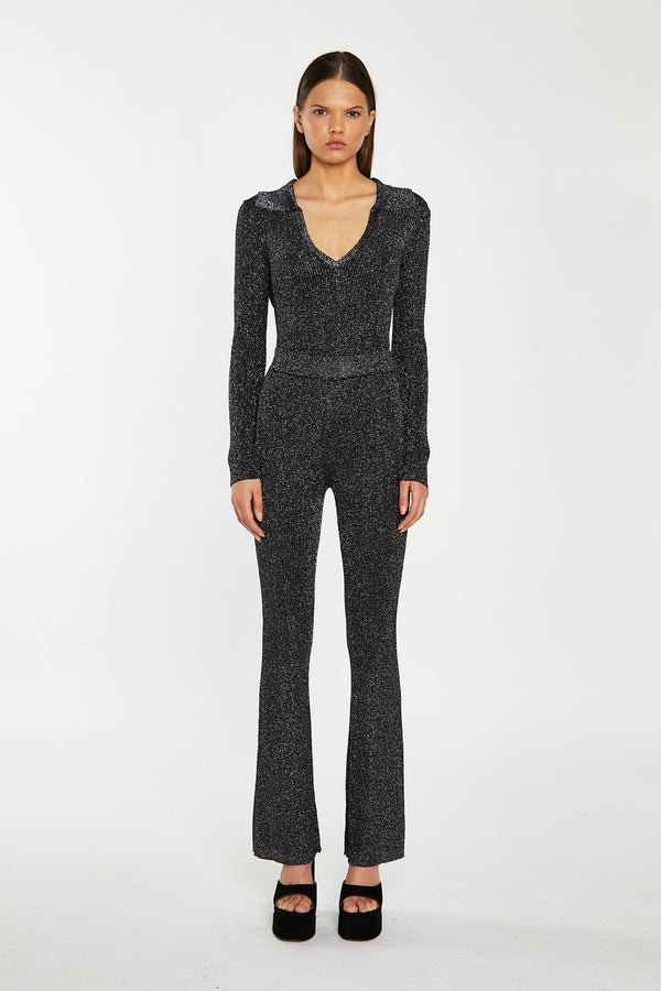 glamorous Black-Silver Rib Flared Trousers