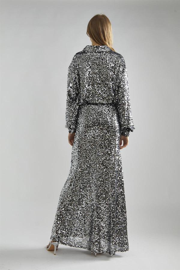 Glamorous Black-Silver Sequin Bias-Cut Maxi-Skirt