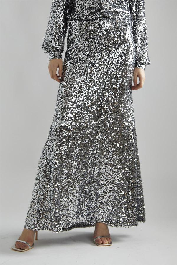 Glamorous Black-Silver Sequin Bias-Cut Maxi-Skirt