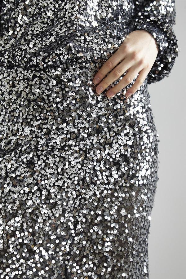 Glamorous Black-Silver Sequin Bias-Cut Maxi-Skirt