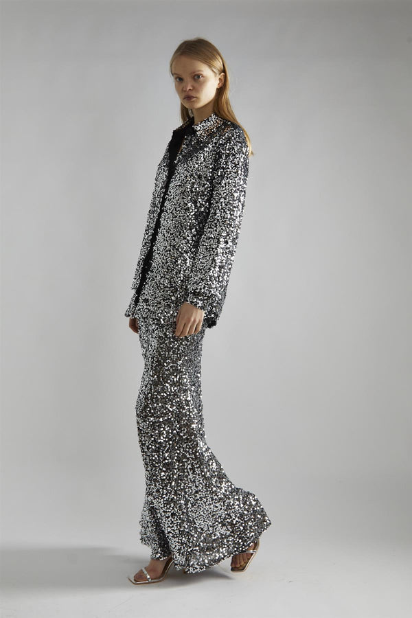 glamorous Black-Silver Sequin Bias-Cut Maxi-Skirt