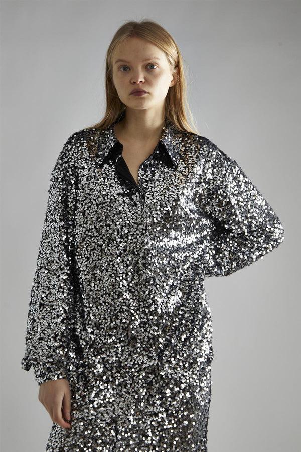 Glamorous Black-Silver Sequin Loose-Fit Shirt