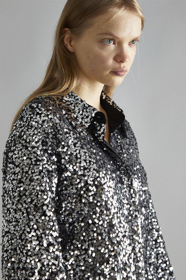 Glamorous Black-Silver Sequin Loose-Fit Shirt