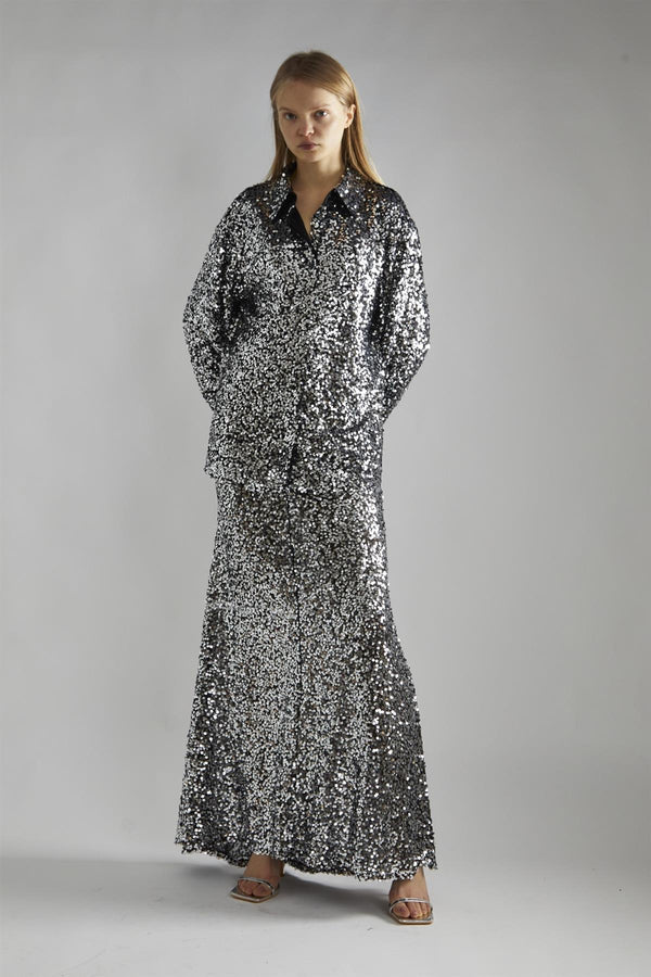 glamorous Black-Silver Sequin Loose-Fit Shirt