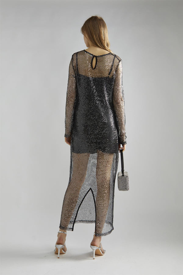 Glamorous Black-Silver Sequin-Net Midi-Dress