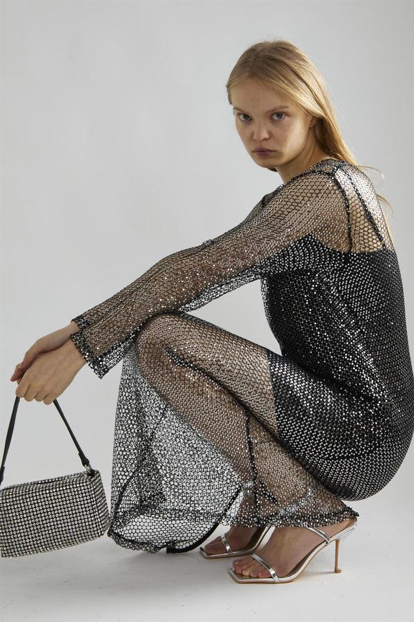 Glamorous Black-Silver Sequin-Net Midi-Dress