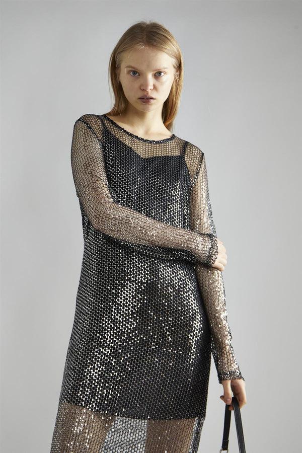 Glamorous Black-Silver Sequin-Net Midi-Dress