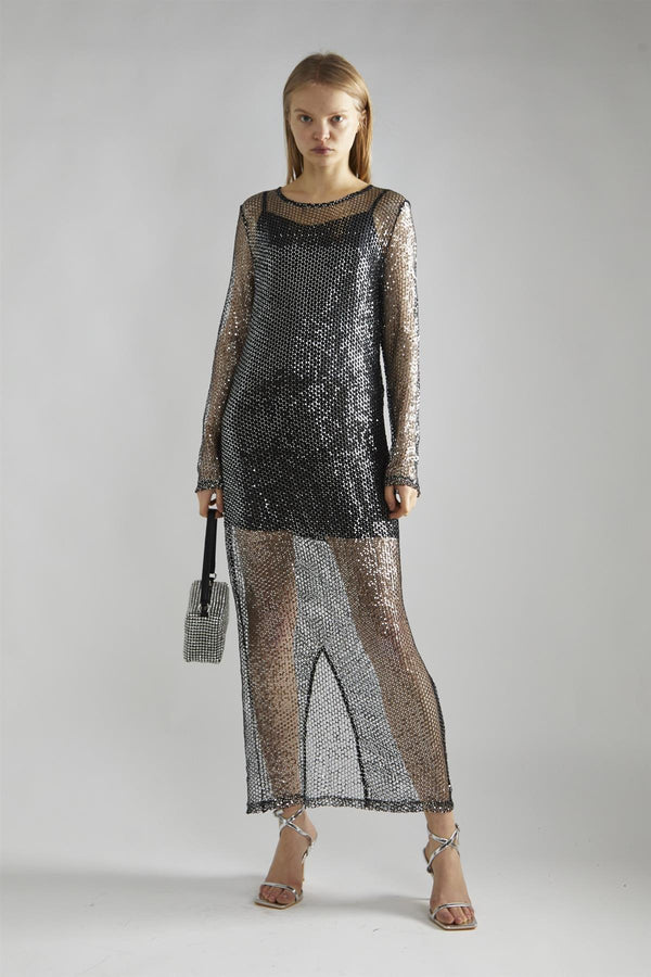 glamorous Black-Silver Sequin-Net Midi-Dress