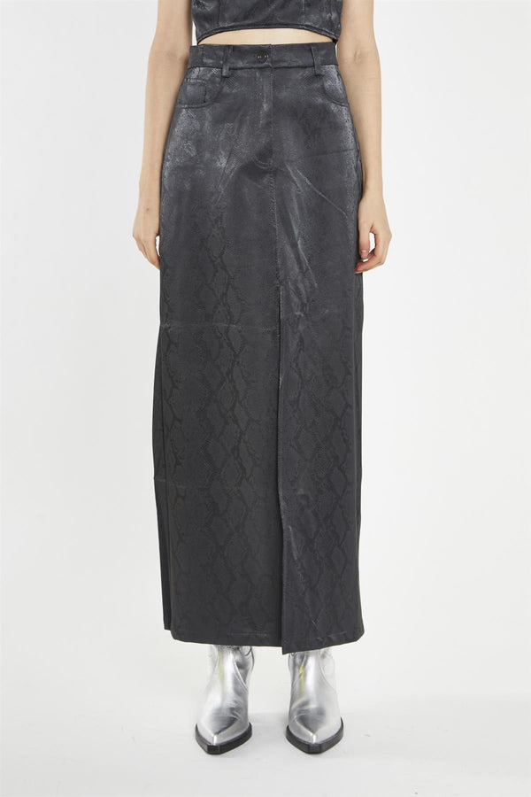 Glamorous Black-Snake PU Centre-Split Midi-Skirt