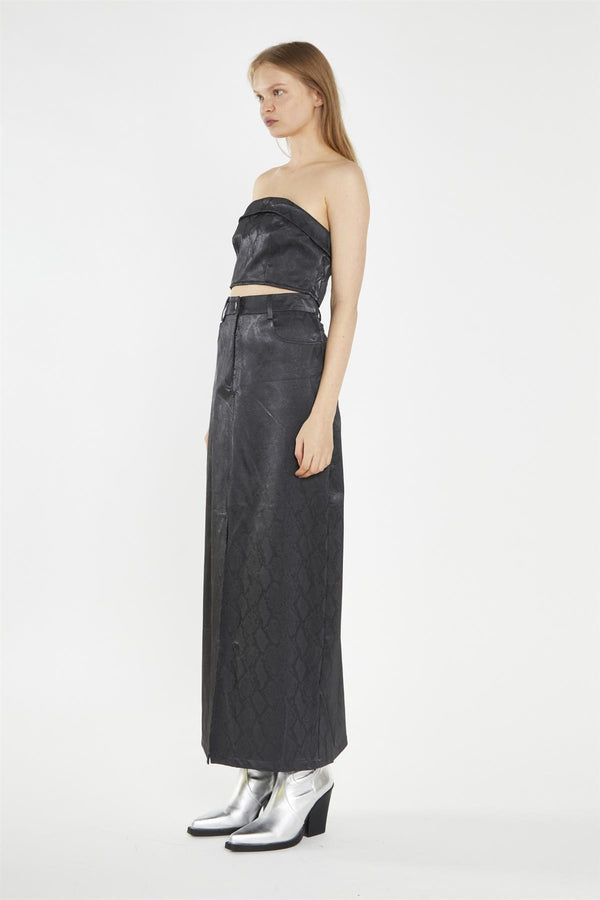 Glamorous Black-Snake PU Centre-Split Midi-Skirt