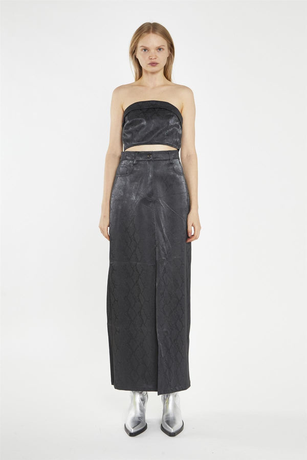 glamorous Black-Snake PU Centre-Split Midi-Skirt