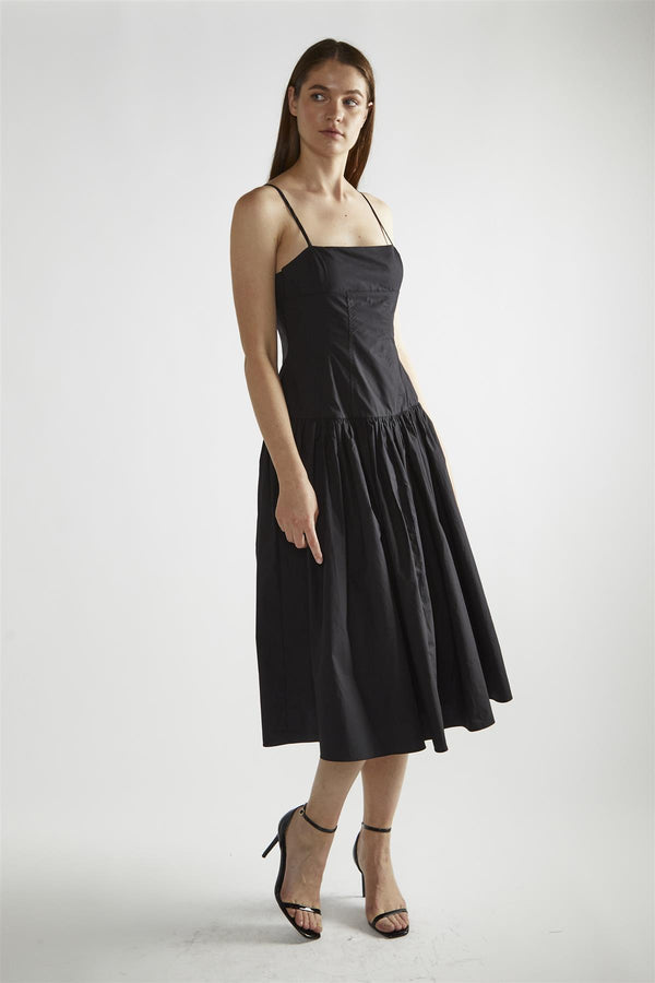 glamorous Black Square-Neck Skater Midi-Dress