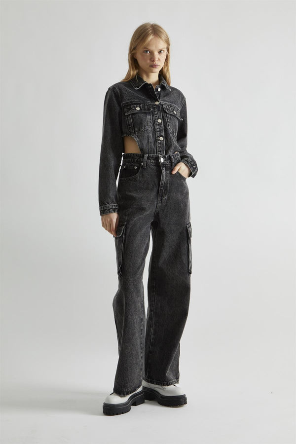 glamorous Black Stonewash-Denim Bodysuit
