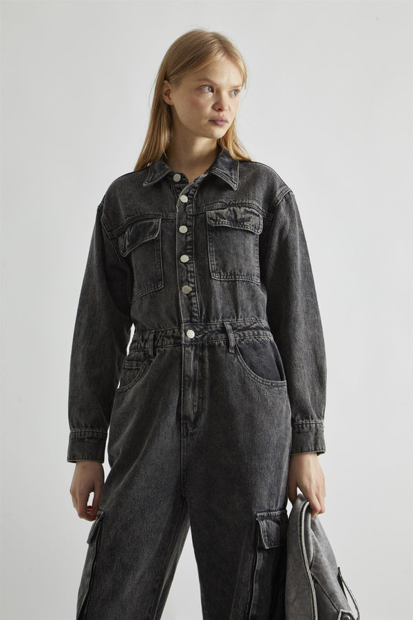 Glamorous Black Stonewash-Denim Jumpsuit