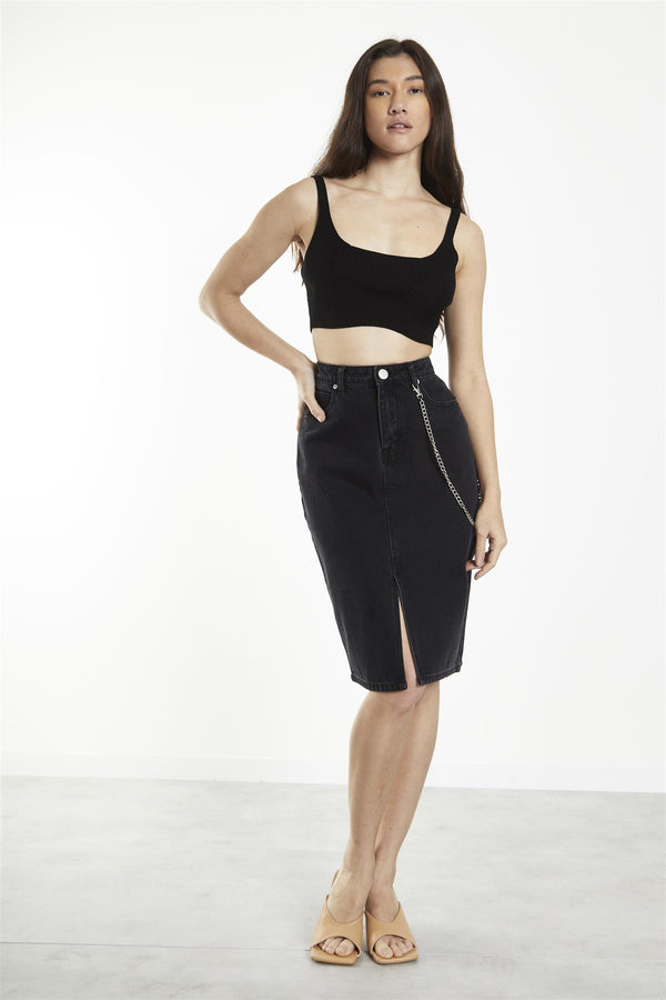 glamorous Black Straight Pencil Midi-Skirt