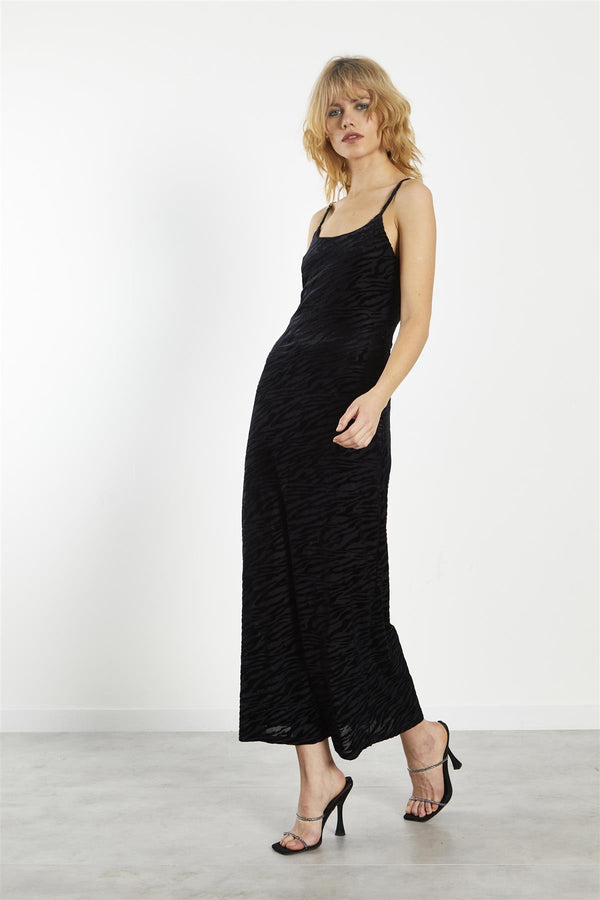 glamorous Black Velvet-Devore Bodycon Maxi-Dress